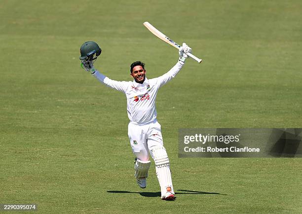 Tanzid Hasan of Bangladesh celebrates after scoring a century during day two of the First Test Match in the series between Australia and Bangladesh...
