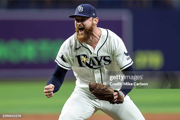 Bryan Baker of the Tampa Bay Rays celebrates a save against the Baltimore Orioles in a baseball game at Tropicana Field on August 17, 2026 in St....