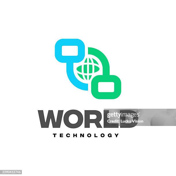 world technology logo concept, global connection network tech logo digital software solution design brand identity stock illustration - network connection globe stock illustrations