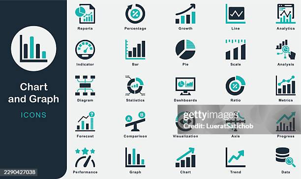 chart and graph solid icons collection.containing chart, data, statistics, analytics, analysis, visualization, trend, growth, comparison, performance, progress, metrics, dashboard, report, forecast - data analyst stock illustrations