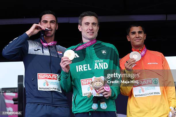 Gold medalist Mark English of Team Ireland , Silver medallist Marino Bloudek of Team Croatia and Bronze medalist Mohamed Attaoui of Team Spain pose...