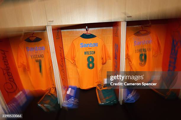 Australian Wallabies jersey's are displayed in their changeroom ahead of the International Test Match between Australia Wallabies and Japan at...