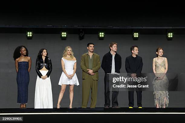 Maya Boyd, Inde Navarrette, Samara Weaving, Christopher Abbott, Kit Connor, Jake Schreier, and Sadie Sink speak onstage at the Disney Entertainment...