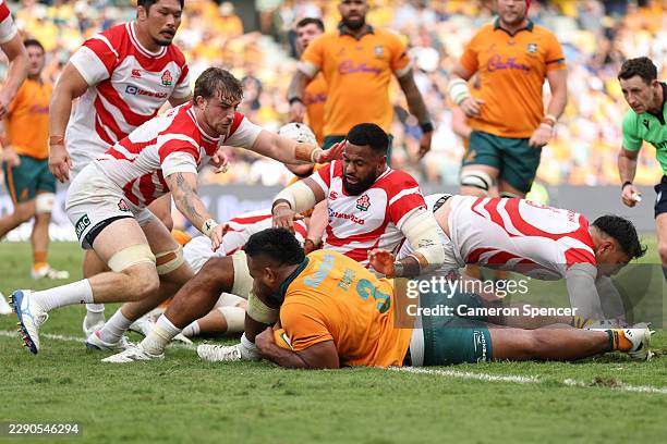 Taniela Tupou of the Wallabies scores his second try during the International Test Match between Australia Wallabies and Japan at Queensland Country...
