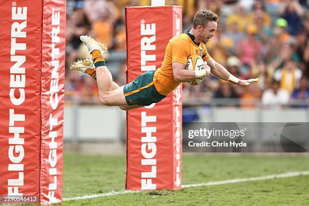 Ryan Lonergan of the Wallabies scores a try which was disallowed after review during the International Test Match between Australia Wallabies and...