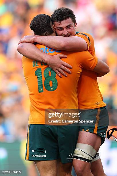 Massimo De Lutiis and Jeremy Williams of the Wallabies celebrate victory following the International Test Match between Australia Wallabies and Japan...