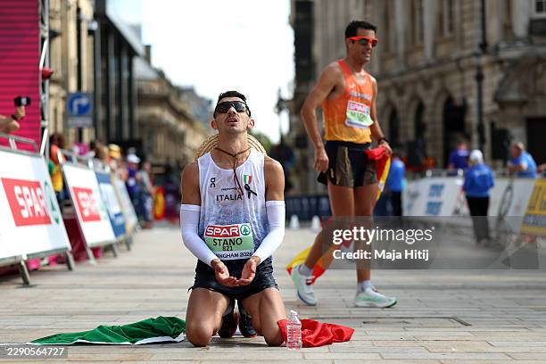 Gold medalist Massimo Stano of Team Italy celebrates following victory in the Men's Marathon Race Walk during day six of the 27th European Athletics...