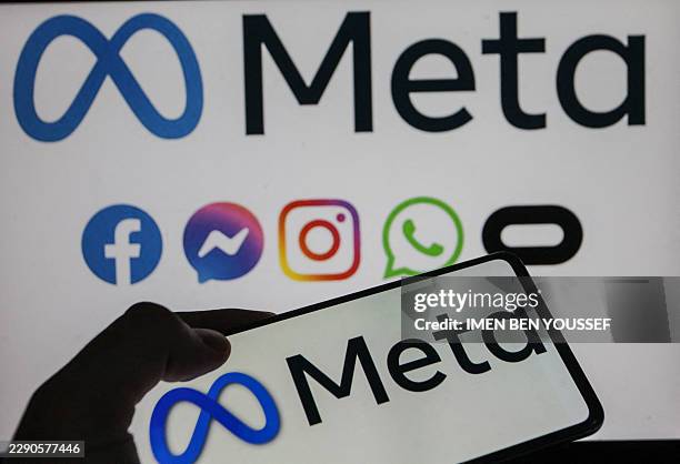 This photo illustration shows the Meta logo in the foreground, with logos of Meta-owned platforms and applications, including Facebook, Instagram,...