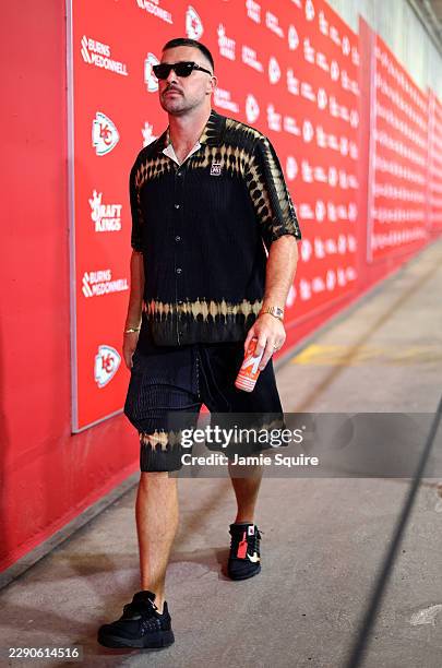 Tight end Travis Kelce of the Kansas City Chiefs enters the stadium prior to the preseason game against the Los Angeles Rams at Arrowhead Stadium on...