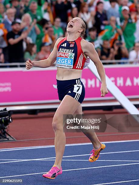 Gold medalist Henriette Jaeger of Team Norway celebrates after victory in the Women's 400 Metres Final during day six of the 27th European Athletics...
