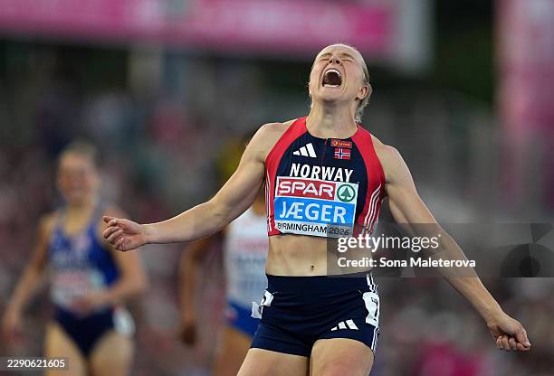 Henriette Jaeger of Team Norway reacts after winning the gold medal in the Women's 400 Metres Final during day six of the 27th European Athletics...