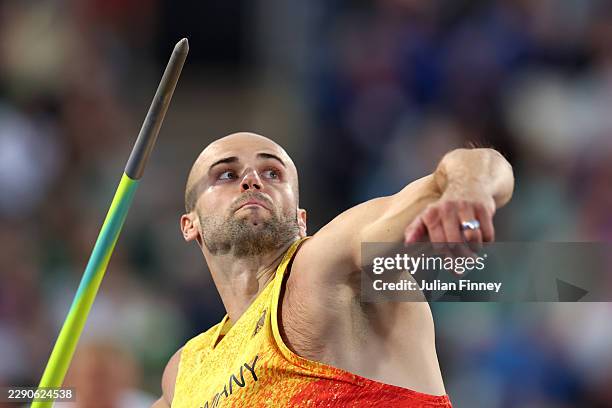 Julian Weber of Team Germany competes in the Men's Javelin Throw Final during day six of the 27th European Athletics Championships at Alexander...