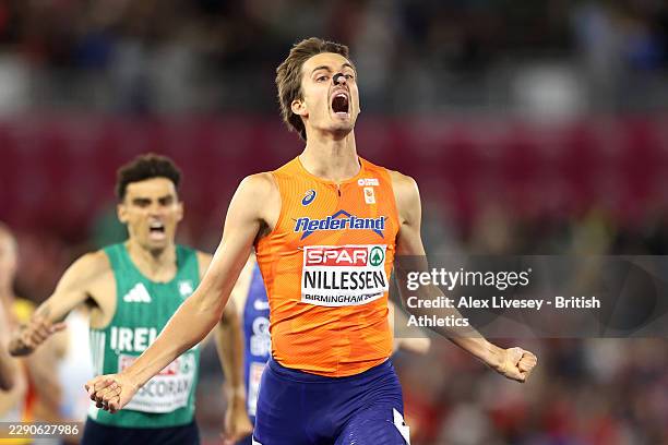 Stefan Nillessen of Team Netherlands crosses the finish line to win the gold medal in the Men's 1500m Final on day six of the 27th European Athletics...