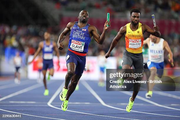 Romell Glave of Team Great Britain crosses the finish line to win the gold medal in the Men's 4x100m Relay Final on day six of the 27th European...