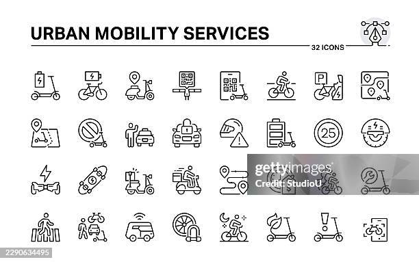 urban mobility services and electric transport icon set - mobile charging station stock illustrations