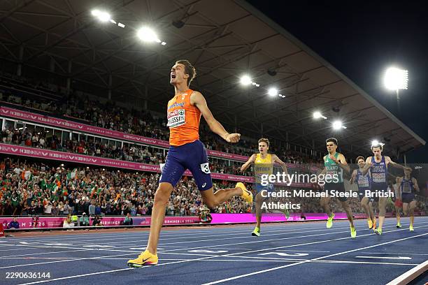 Stefan Nillessen of Team Netherlands celebrates as he crosses the finish line to win the gold medal in the Men's 1500 Metres Final during day six of...