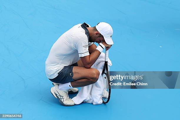 Novak Djokovic of Serbia reacts during a match against Thiago Agustín Tirante of Argentina on day five of the Cincinnati Open at Lindner Family...