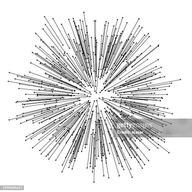black radiating lines with small dots form a circular burst centered on a white background, creating a clean, symmetrical pattern with a sense of expansion and motion. - science technology engineering math stock illustrations