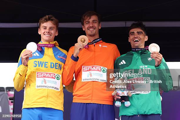 Gold medalist Stefan Nillessen of Team Netherlands , Silver medalist Samuel Pihlstroem of Team Sweden and Bronze medalist Andrew Coscoran of Team...