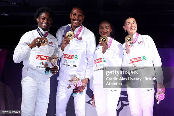Gold medalists Amy Hunt, Zharnel Hughes, Jeremiah Azu and Dina Asher-Smith of Team GreatBritain pose for a photo during the medal ceremony for the...