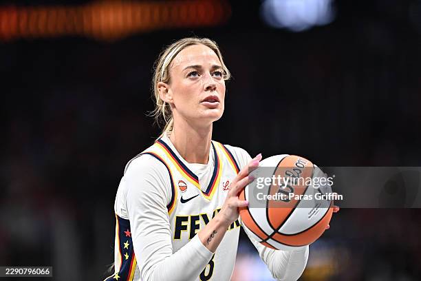 Sophie Cunningham of the Indiana Fever prepares to shoot a free throw against the Atlanta Dream during the fourth quarter at State Farm Arena on...