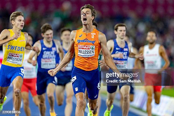 Stefan Nillessen of the Netherlands seen celebrating as he crosses the finish line in the Men's 1500m Final during day six of the 27th European...