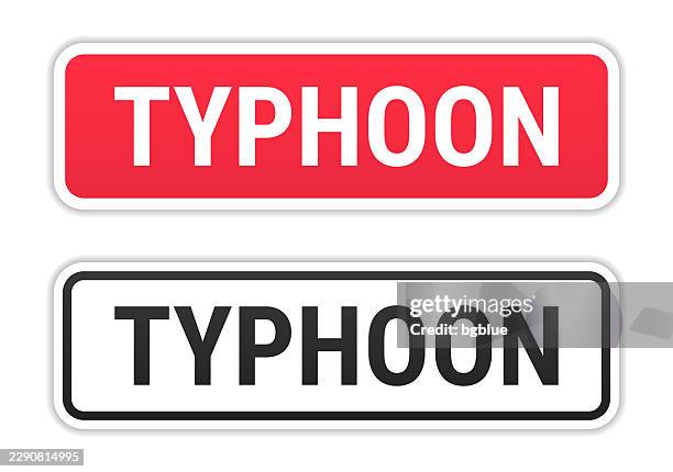 typhoon - red and black labels on white background - strong wind stock illustrations
