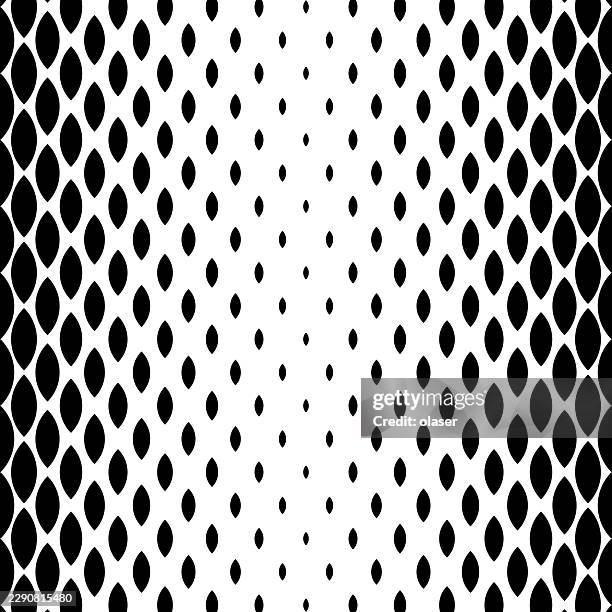 black teardrop-shaped dots on a white background form a dense repeating pattern that becomes larger and tighter toward the edges, creating a symmetrical decorative surface. - low contrast stock illustrations