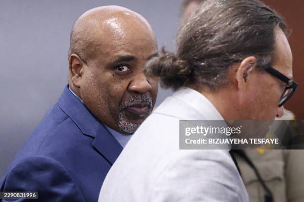 Duane Davis looks on as he appears in court with his attorney Michael Sanft during his murder trial, related to the 1996 killing of rapper Tupac...