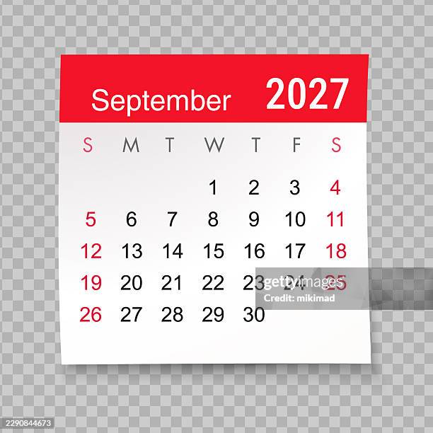 september 2027 calendar page – red and white vector design showing month layout with weekdays and weekends highlighted representing time management, planning and scheduling concepts - checking calendar stock illustrations