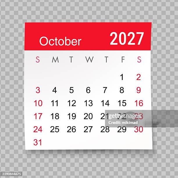 october 2027 calendar page – red and white vector design showing month layout with weekdays and weekends highlighted representing time management, planning and scheduling concepts - checking calendar stock illustrations