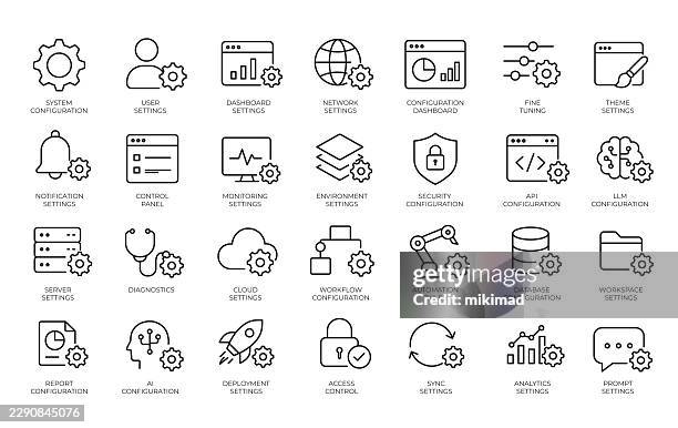 system configuration and settings icon set – editable stroke vector collection showing network, security, cloud, automation and analytics concepts representing technology and software management - cloud application development stock illustrations
