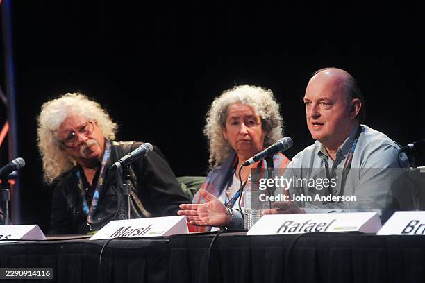 View of participants at the 'Woody Guthrie At 100' panel discussion, during South By Southwest music festival, at Austin Convention Center, Austin,...