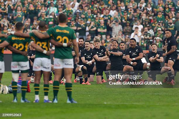 New Zealand players perform the Haka during the Rugby's Greatest Rivalry international rugby union match between South Africa and New Zealand at...