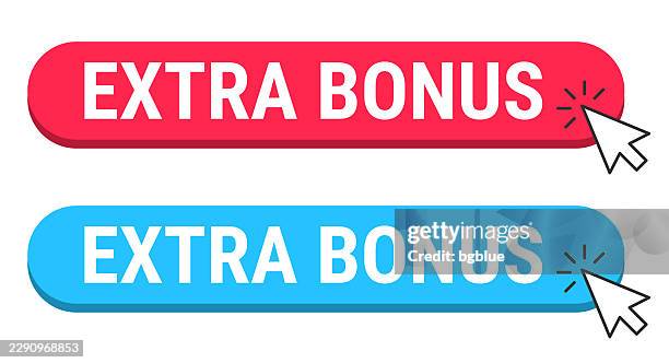 extra bonus - red and blue buttons with cursor on white background - try it icon stock illustrations