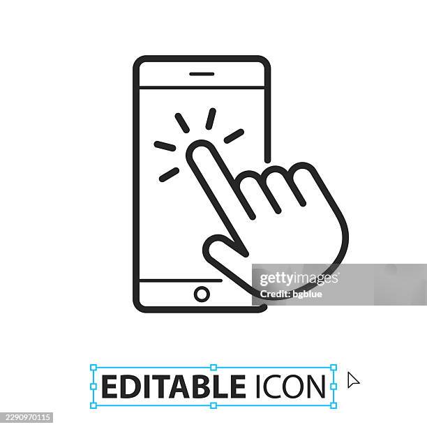 touch smartphone with hand - line editable icon on white background - pointer finger on white stock illustrations