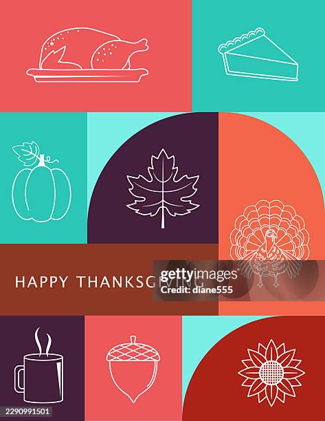 thanksgiving card. fall abstract geometric shapes with simple mid-century modern icons - pumpkin pie stock illustrations