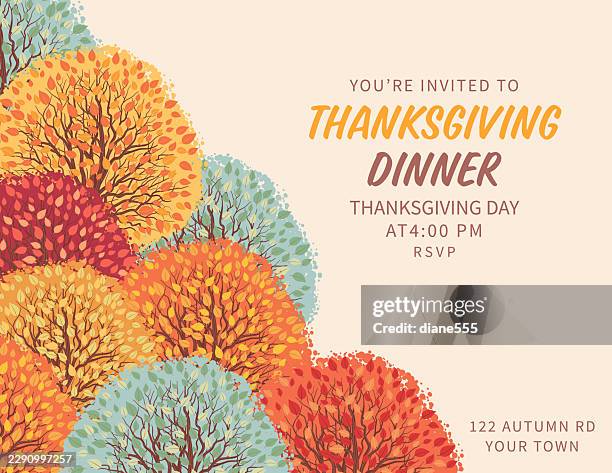 thanksgiving dinner invitation template with colorful trees - fall foliage stock illustrations