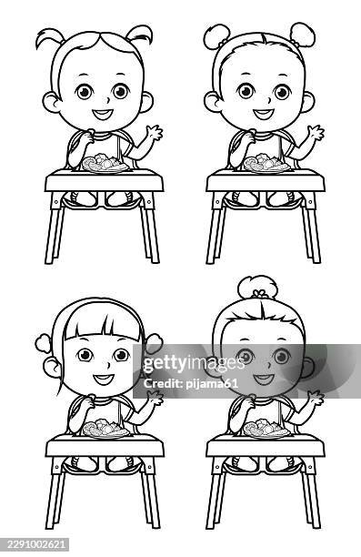 cute little baby boy eat fruit and vegetable. - eating salad stock illustrations