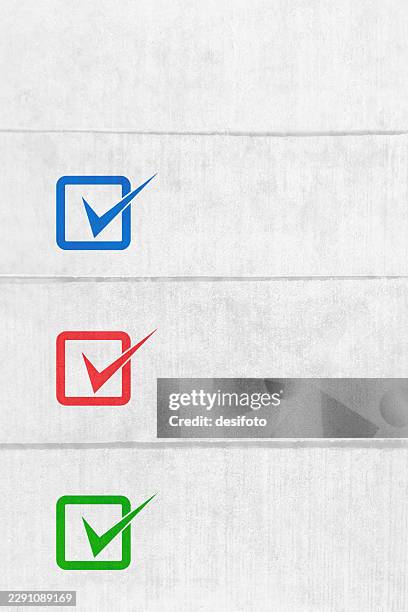 three 3 check marks in box square in red blue and green colors with copy space like a checklist shopping list planner personal organiser over grunge textured light gray white vertical vector background - bullet point stock illustrations