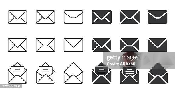 email icons collection. editable stroke. thin line and glyph solid style series icons - mailbox open stock illustrations