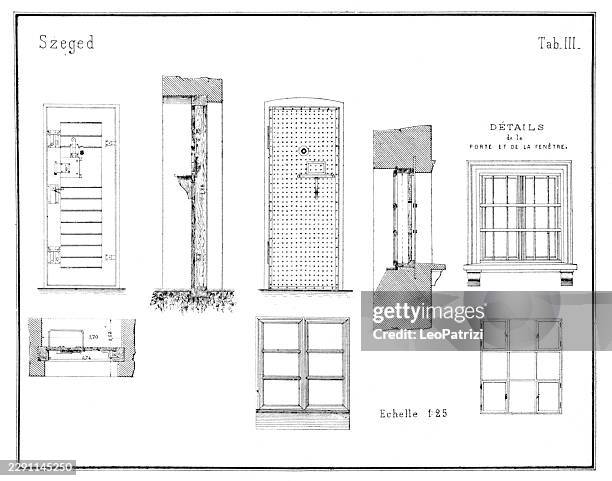 architectural schematics display technical structural details for the secure doors and windows within the szeged house of detention - prison bars isolated stock illustrations