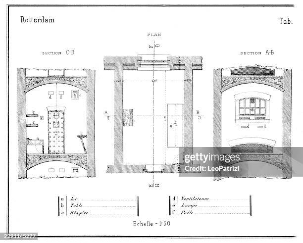 architectural plan displays structural layouts and interior cross-sections of a confinement cell within the rotterdam house of detention - prison bars isolated stock illustrations