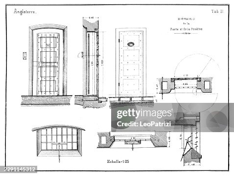 Architectural schematics display technical structural details for secure entryways and windows within a prison cell in England Architectural schematics display technical structural details for secure entryways and windows within a prison cell in England