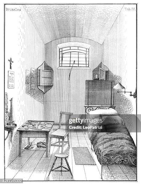 detailed perspective view showcasing the fully furnished interior, specialized work table, and iron bedstead arrangement within a correction cell in brussels - brussels stock illustrations