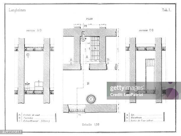 functional horizontal blueprints and transverse cross-sections mapping the layout, heating system, and night cell arrangement in langholmen - behind bars stock illustrations