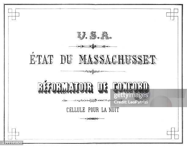 distinctive typographic title page introducing the engineering schematics for an overnight confinement cell within the reformatory at concord - newspaper layout stock illustrations
