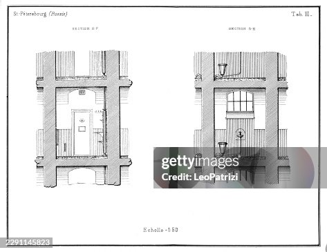 Analytical architectural elevations illustrating the structural framing, utility connections, and plumbing infrastructure of a confinement cell in St. Petersburg Analytical architectural elevations illustrating the structural framing, utility connections, and plumbing infrastructure of a confinement cell in St. Petersburg