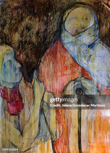 abstract expressionist figural painting with veiled figures and dripping texture - portrait dark background stock illustrations
