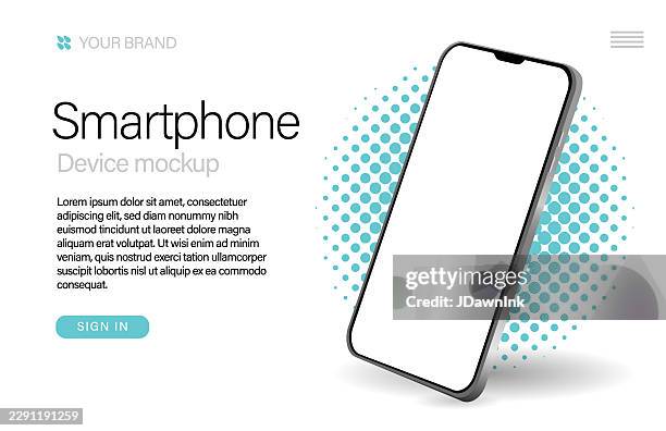 smartphone realistic product shot mock up web banner design template. includes sample text design, smartphone on half tone circle with blank screen. use for branding mock up or template for infographics or presentation ui design interface - iphone angle stock illustrations